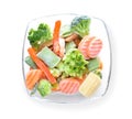 Glass bowl with frozen vegetables on white background Royalty Free Stock Photo