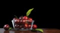 Glass bowl full of beautiful cherries on a polished wood table