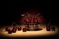 Glass Bowl full of ripe red dark sweet cherries Royalty Free Stock Photo