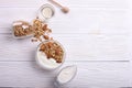 Glass bowl with Greek yogurt and mixed nuts. Healthy vegetarian protein rich diet, homemade granola breakfast with milk, almond, c Royalty Free Stock Photo