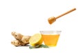 Glass bowl with honey, ginger and lemon for sore throat on white background