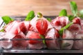 Glass bowl with ice cubes and strawberries on table Royalty Free Stock Photo