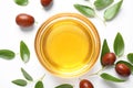 Glass bowl with jojoba oil and seeds on white background