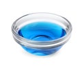 Glass bowl with light blue food coloring isolated on white Royalty Free Stock Photo