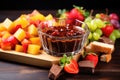 glass bowl of mixed fruit cubes and nutella-spread bruschetta