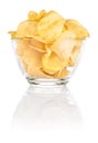 Glass bowl of with Pile potato chips on white Royalty Free Stock Photo