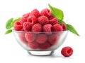 Glass bowl with raspberries and green leaves Royalty Free Stock Photo