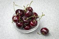 Glass bowl with red ripe juicy cherries