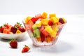 glass bowl with tropical fruit salad on a white surface Royalty Free Stock Photo