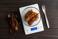 Weighing Peeled Over-ripe Bananas on a Kitchen Scale Royalty Free Stock Photo