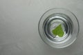 Glass bowl with water and green leaf on grey table, top view. Space for text Royalty Free Stock Photo