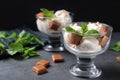 bowls of ice cream with caramel candies and mint on grey table Royalty Free Stock Photo