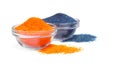 Glass bowls with orange and blue food coloring isolated on white Royalty Free Stock Photo