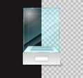 Realistic empty transparent glass box or empty glas cube box showcase or exhibit box transparent background isolated. eps vector.