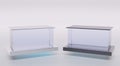 Glass boxes with lids on white and black stand, aquarium or terrarium isolated on grey background angle view. Blank