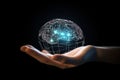 A glass brain floating in the palm of your hand, a line network connected by big data, a mesh, Royalty Free Stock Photo