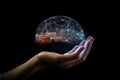 A glass brain floating in the palm of your hand, a line network connected by big data, a mesh, Royalty Free Stock Photo