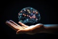 A glass brain floating in the palm of your hand, a line network connected by big data, a mesh, Royalty Free Stock Photo