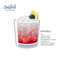 Glass Bramble cocktail ice lemon blackberry vector illustration