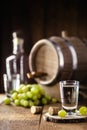 Glass of brandy based on grapes, called bagaceira in Portugal and in Italy Grappa or Graspa, with oak barrel in the background Royalty Free Stock Photo