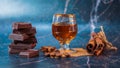 Glass of brandy on a old wooden table with a chocolate, cinnamon sticks Royalty Free Stock Photo