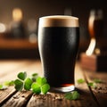 Glass of dark stout sits on wooden table, with sprinkling of shamrocks