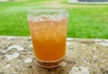 Glass with brown drink supported on stone with green grass background Royalty Free Stock Photo