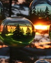 Glass bubbles, and in them reflections of the sunset and Christmas trees. Xmas tree as a symbol of Christmas of the birth of the Royalty Free Stock Photo