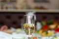 Glass with bubbly champagne in weddind. Wedding details in close-up view