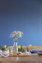 Glass Bud Vase with Simple BabyÃ¢â¬â¢s Breath Flower Decorates Table in Front of Blue Wall