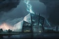 glass building in storm, with lightning and thunderstorms visible outside Royalty Free Stock Photo