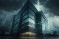 glass building in storm, with lightning and thunderstorms visible outside Royalty Free Stock Photo