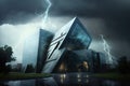 glass building in storm, with lightning and thunderstorms visible outside Royalty Free Stock Photo