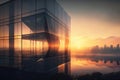 glass building, with view of the city skyline, and a misty sunrise in the background Royalty Free Stock Photo