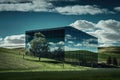 glass building, with view of rolling hills and blue skies, for peaceful and tranquil setting