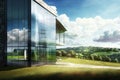 glass building, with view of rolling hills and blue skies, for peaceful and tranquil setting