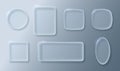 Glass buttons or frames of different shapes. UI element with transparency and blur effect. Vector 3d Royalty Free Stock Photo