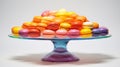 a glass cake plate filled with macaroons and macaroons. generative ai