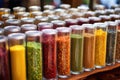 glass canisters filled with colorful spices