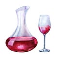 Glass carafe, decanter and glass with red wine or drink. Hand watercolor illustration isolated on white background. For the design