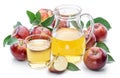 Glass and carafe of fresh apple juice and organic apples isolated on white background Royalty Free Stock Photo