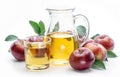 Glass and carafe of fresh apple juice and organic apples isolated on white background Royalty Free Stock Photo