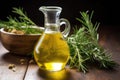 a glass carafe of olive oil next to rosemary sprigs