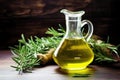 a glass carafe of olive oil next to rosemary sprigs