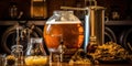A glass carboy full of fermenting beer, surrounded by brewing equipment , concept of Brewing process, created with Royalty Free Stock Photo