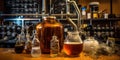 A glass carboy full of fermenting beer, surrounded by brewing equipment , concept of Brewing process, created with Royalty Free Stock Photo