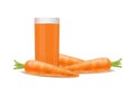 Glass of carrot juice and fresh carrots on white background