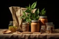 Glass and ceramic jars, green leaves and bamboo cutlery, canvas bags. Zero waste.