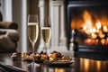 Glass of champagne on the background of a burning fireplace, AI Generated Royalty Free Stock Photo