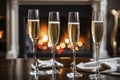 Glass of champagne on the background of a burning fireplace, AI Generated Royalty Free Stock Photo